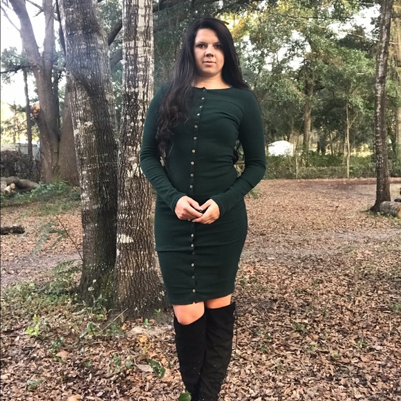 LAST 1<< Button Down Midi Dress Green Bodycon >> - Picture 4 of 6
